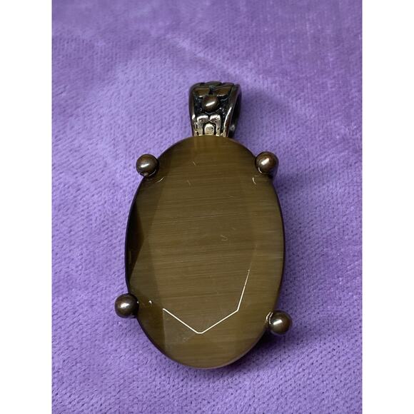 Vintage Brass Tiger’s Eye Pendant Oval Faceted Cabochon Boho Goth Fairy Artisan - Picture 6 of 13